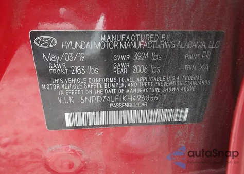 2019 Hyundai Elantra Se z USA, uszkodzony, nr VIN 5NPD74LF1KH496856